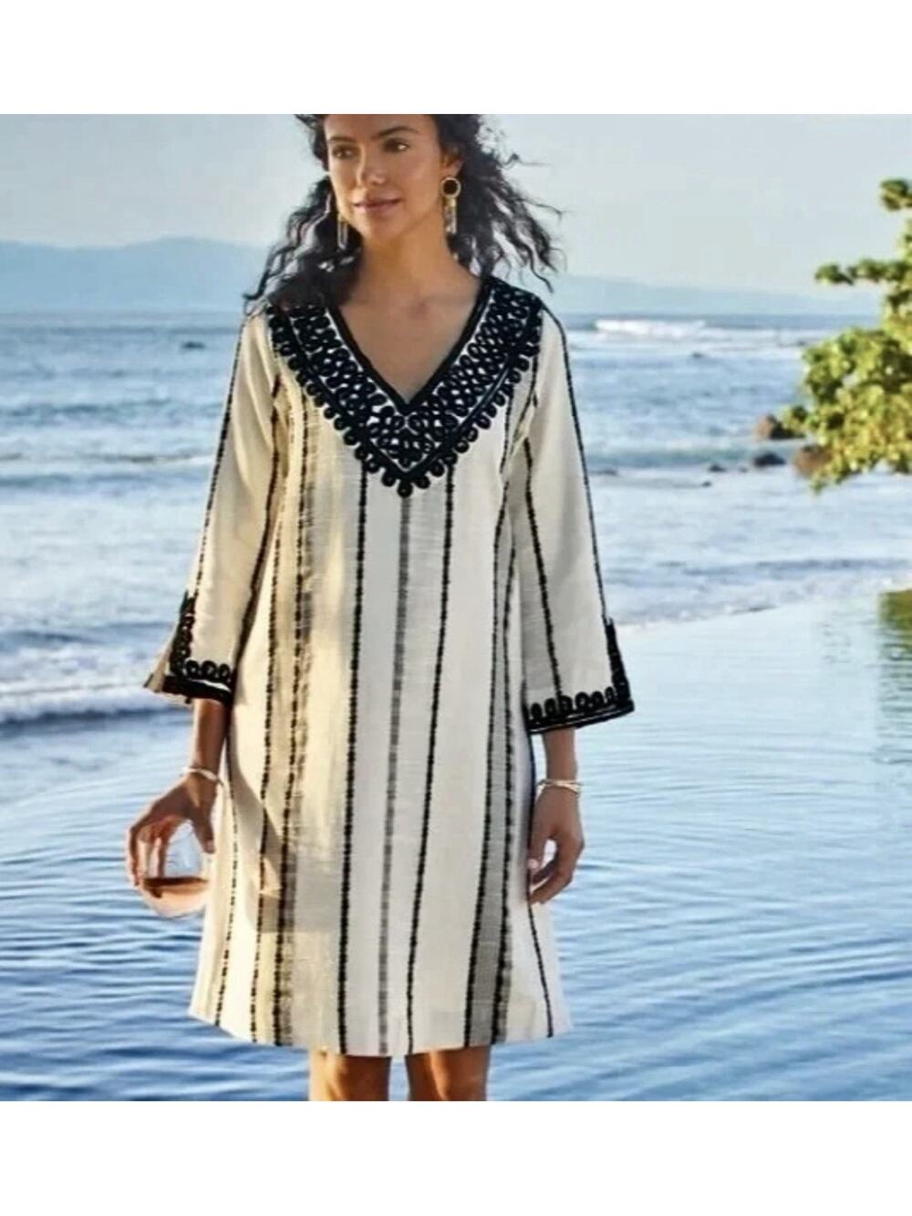Soft Surroundings Coco De Mer Tunic Dress Stripe Embroidered Boho Chic Resort PL